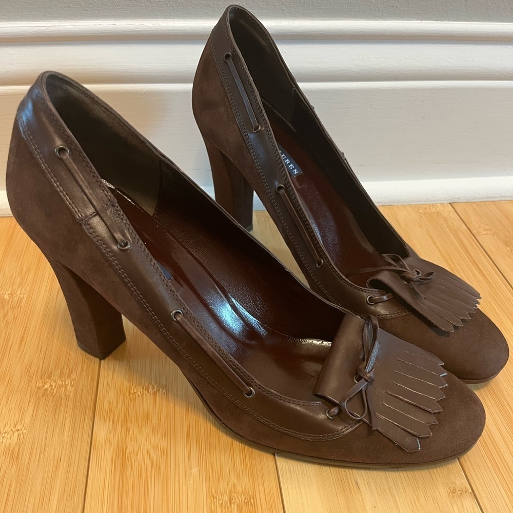 Ralph Lauren Black Label women  Brown Suede Leather Heels size 10 Italy made